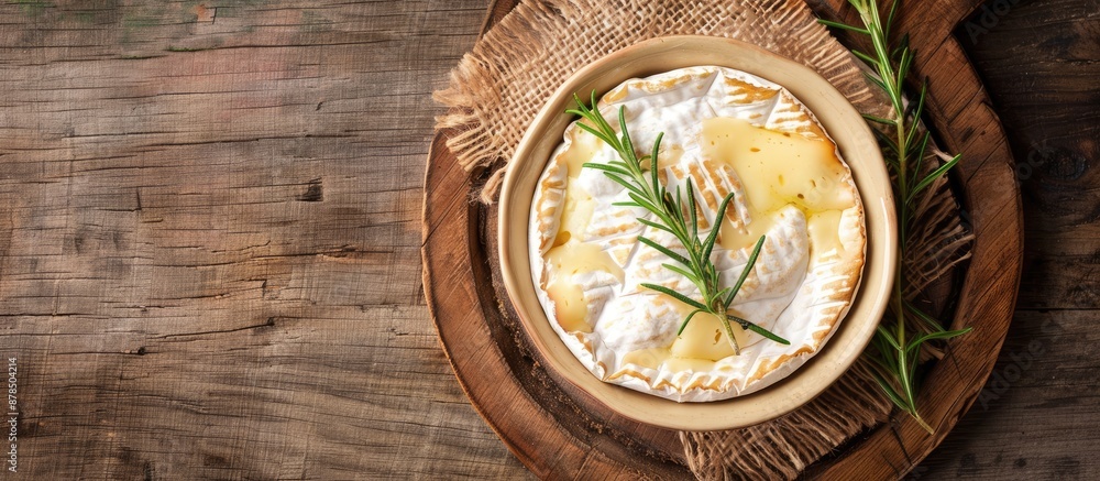 Poster top view of a rustic table with a baked camembert or brie cheese meal, creating a cozy food backgrou