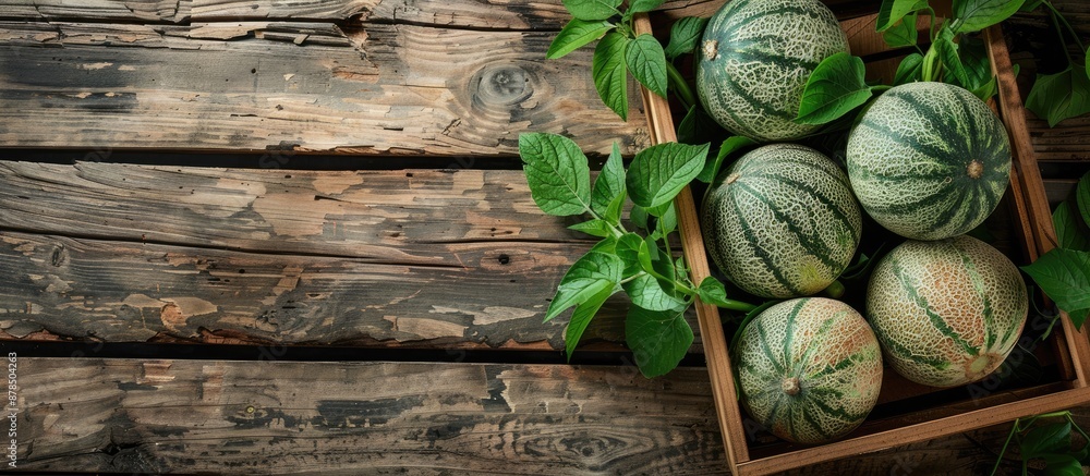 Poster top-down view of a wooden table with a crate containing ripe pepino melons and green leaves, suitabl
