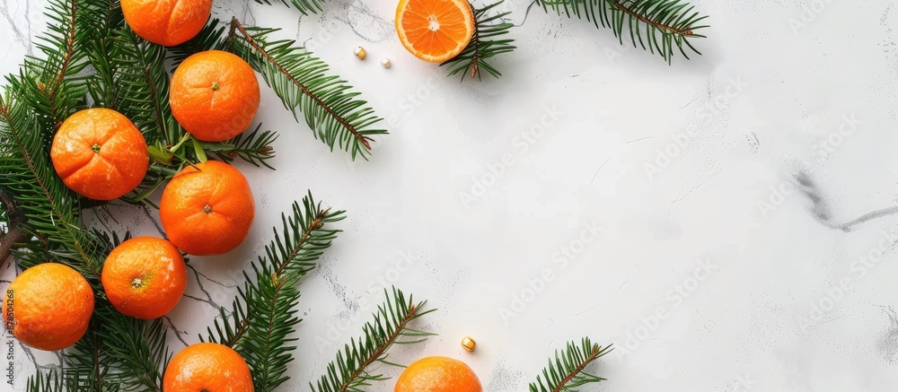 Poster top-down view of a new year composition with tangerines placed near fir branches on a white backgrou