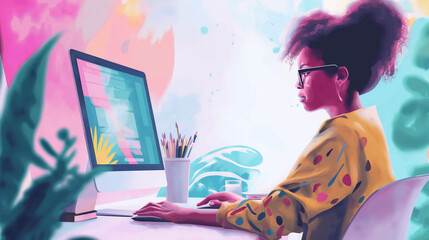 An African-American woman at a laptop works on a page of a colorful website. Graphic designer and freelancer at work. Copy space. Modern realistic illustration