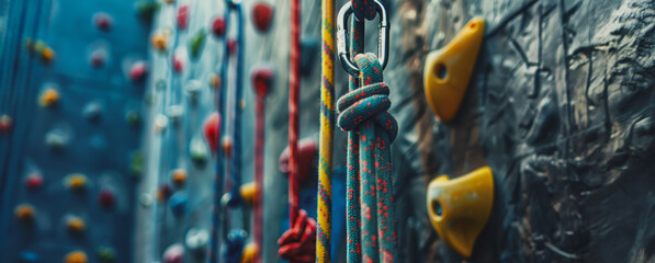 Colorful climbing ropes attached to an indoor climbing wall