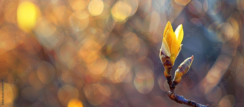 Poster vibrant close-up of a new yellow forsythia bud in vivid nature setting with blurred backdrop and emp