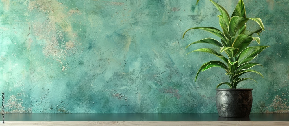 Poster houseplant displayed in a flowerpot on a table beside a wall, with empty space in the shot for futur