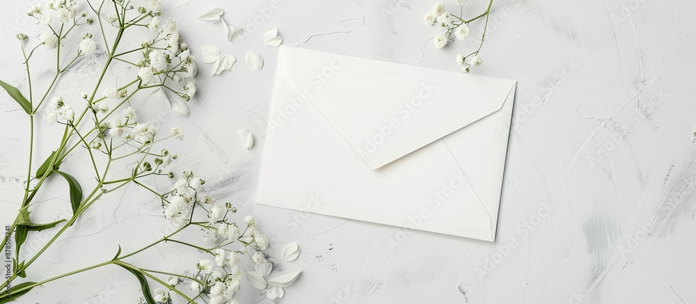 Poster wedding invitation mockup featuring delicate white flowers alongside an envelope, perfect for adding