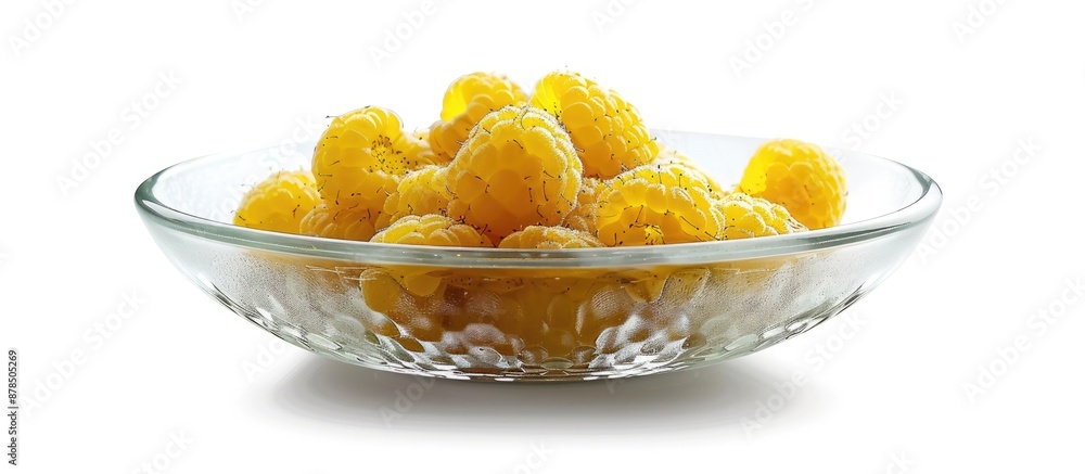 Poster yellow raspberries presented in a clear bowl isolated on a white background with a clipping path for