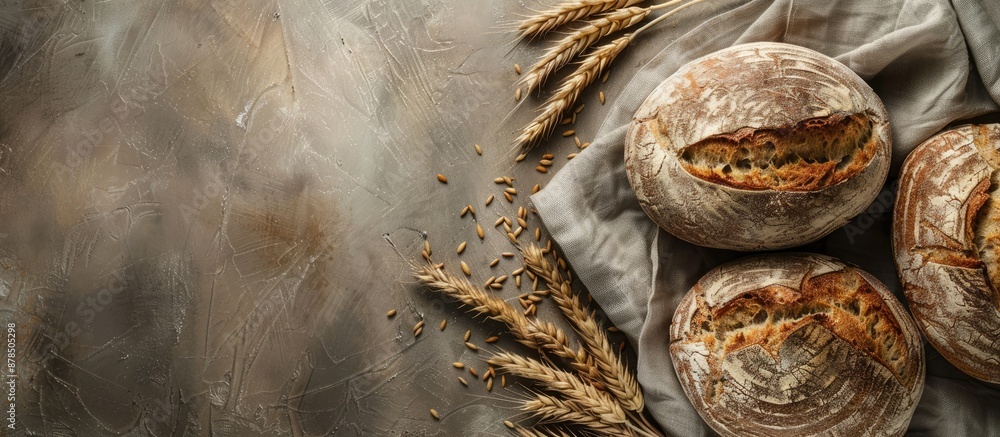 Poster homemade wholewheat bread displayed on a linen cloth with a clear space for your custom image. image