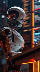 Fototapeta premium Android is using a computer in a futuristic environment with data displayed on screens. The robot is wearing a helmet and has a human-like appearance