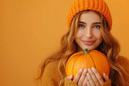 Young woman in a cozy sweater and hat holds a pumpkin, smiling gently - Powered by Adobe