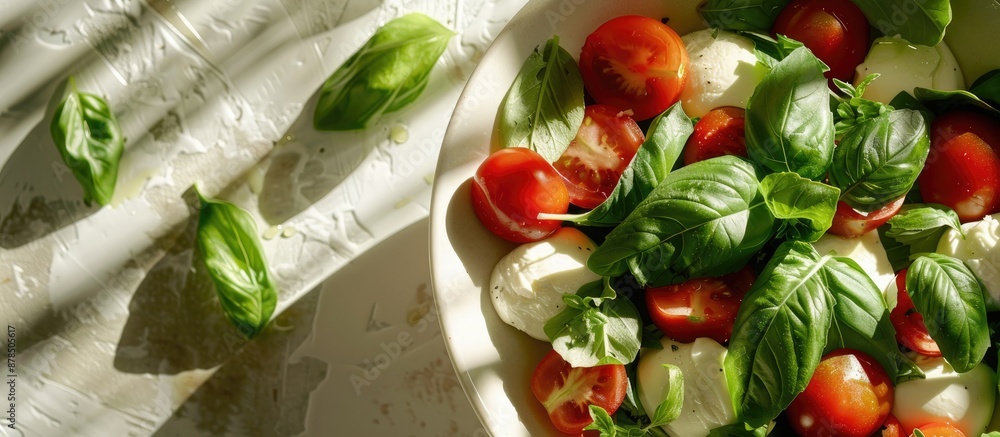 Poster top view of a refreshing green salad with fresh leaves, tomatoes, and mozzarella displayed on a sunn