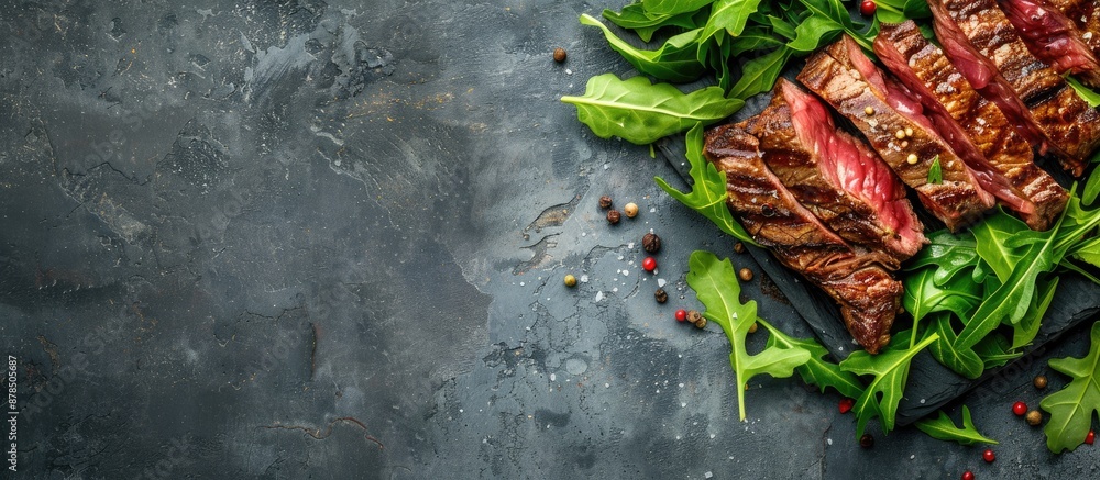 Poster top view of appetizing grilled beef and greens on a gray surface with room for text in the image. im