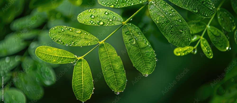 Poster macro photograph of raindrops on an acacia leaf, creating a nature-themed green background with copy