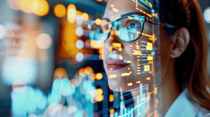 Close-up of a woman analyzing data on a screen, highlighting modern technology, analytics, and innovation in a business environment.