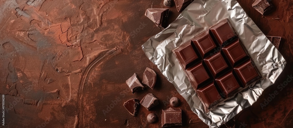 Poster top view of a tasty chocolate bar wrapped in foil on a brown background with copy space image.