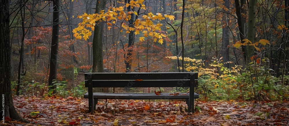 Poster in the forest, a bench with autumn leaves surrounding it provides a serene and colorful scene, creat