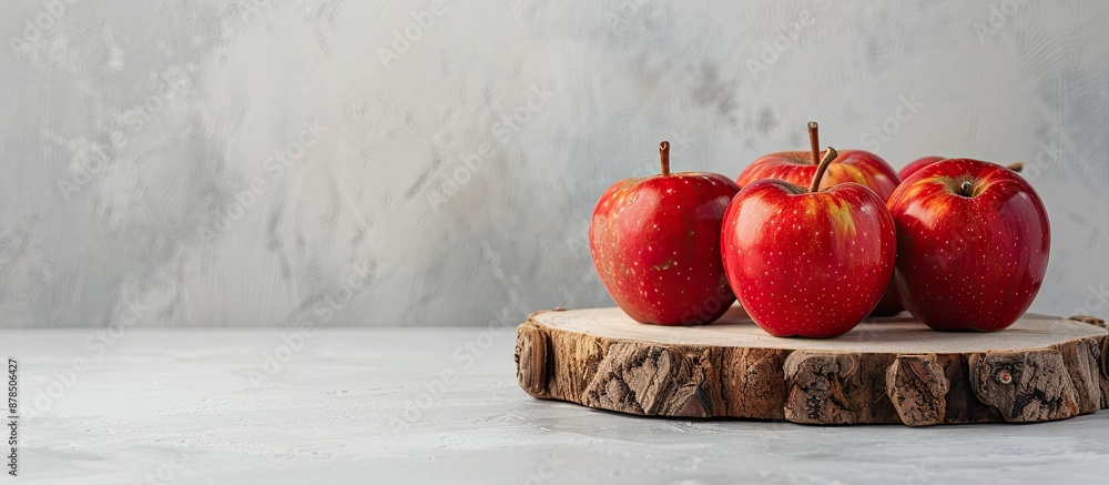 Aufkleber front view of a cluster of juicy red mini-apples placed on a wooden slice against a light background