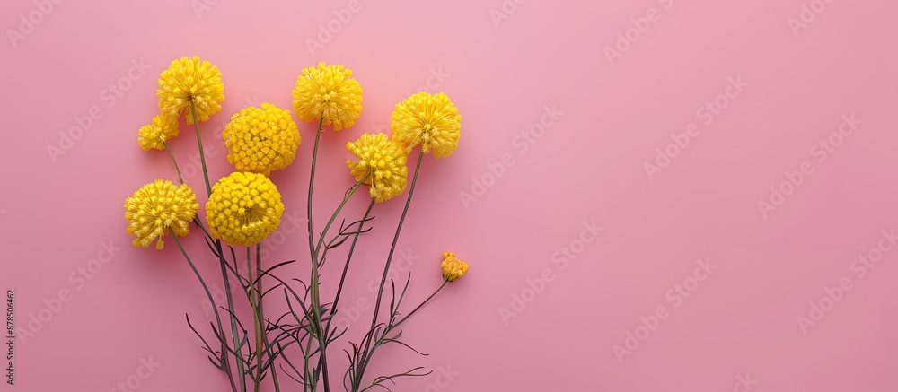 Poster minimalistic mock up featuring craspedia flowers arranged on a pink background with copy space image