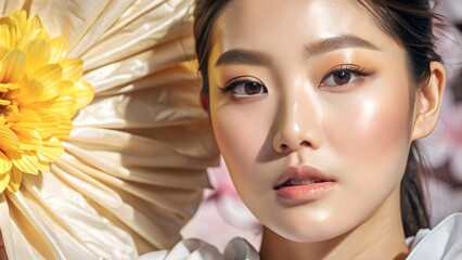Beautiful Asian Woman with K-Beauty Makeup: Skincare Product Advertising