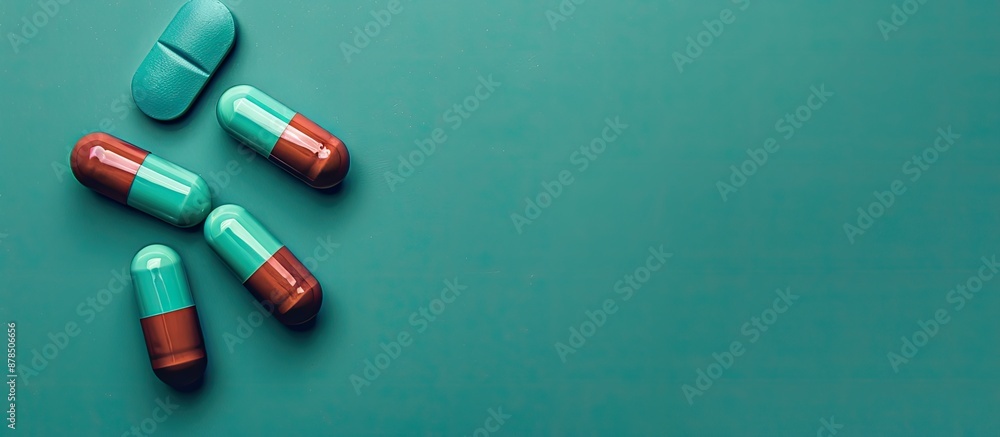 Aufkleber medicine capsules displayed on a green surface with space for text next to them in the image. image 