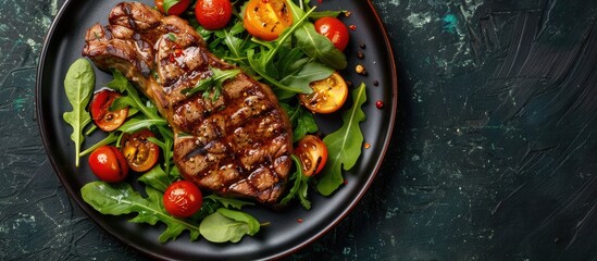 Rare marbled grilled beef steak served with vegetables on a plate. Top view with a black background and copy space image.