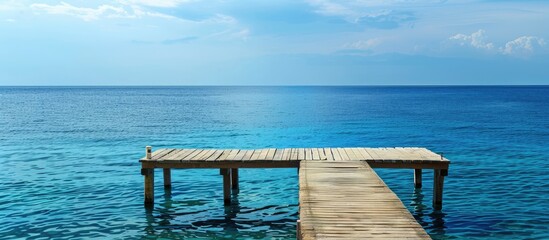 Obraz premium Tranquil view of the blue sea from the dock with copy space image.