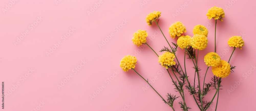 Aufkleber Minimalistic mock up featuring Craspedia flowers arranged on a pink background with copy space image.