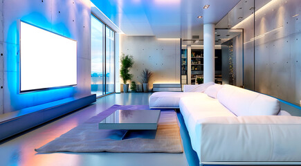 Living Room in High-Tech Interior, technology interior concept, realistic illustration