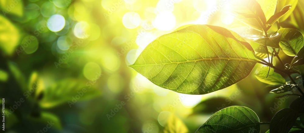 Poster lush green leaf set on a blurred garden backdrop with sunlight, creating a natural background with a