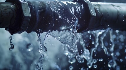 A close-up view of a damaged household water pipe with water splashing out, highlighting the urgency of plumbing repair and water damage prevention.