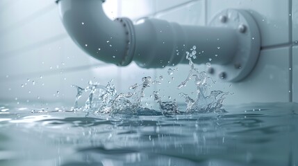 Close-up of a damaged household plastic water pipe with water splashing out, highlighting the urgency of plumbing repairs and water conservation.