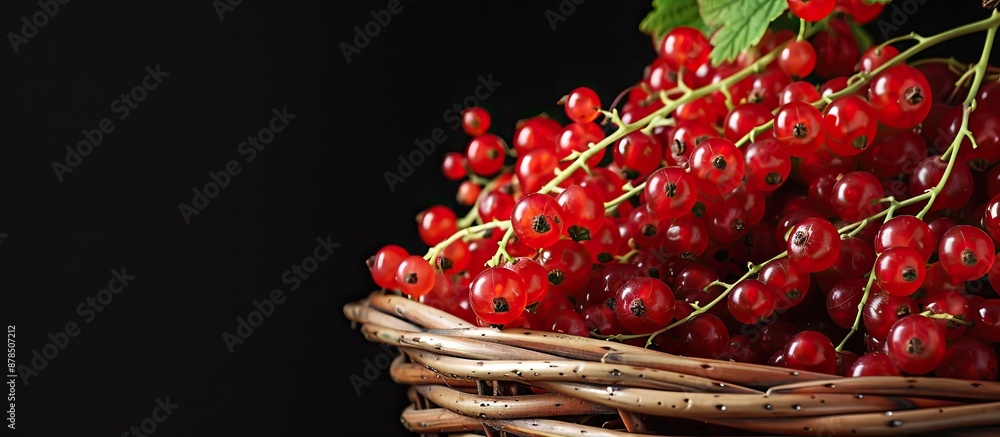 Poster red currants in a basket against a black background with copy space image.