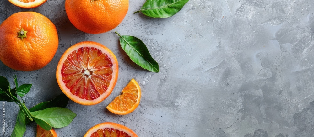 Poster top-down view of whole and halved sicilian oranges on a gray surface, alongside cut slices, all with