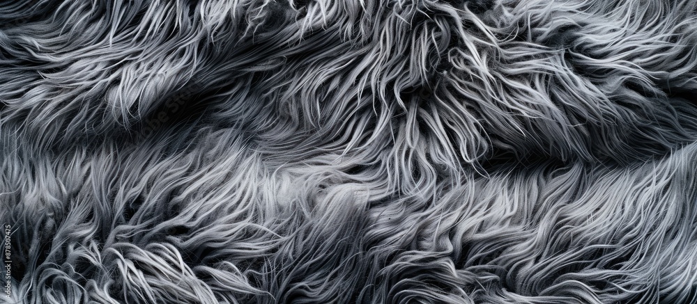 Poster top-down view of a gray fabric texture pattern and fur background with copy space image, horizontall