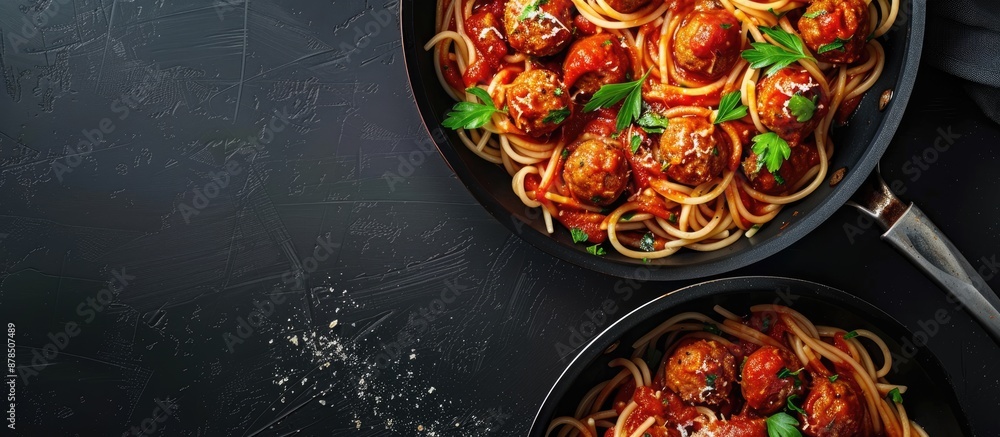 Aufkleber top view image of spaghetti with meatballs in tomato sauce and parsley in a frying pan on a dark tab