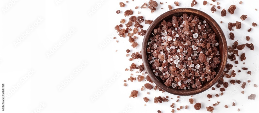 Poster top view of chocolate brown spa salt on a white background in a spa setting with space for adding im
