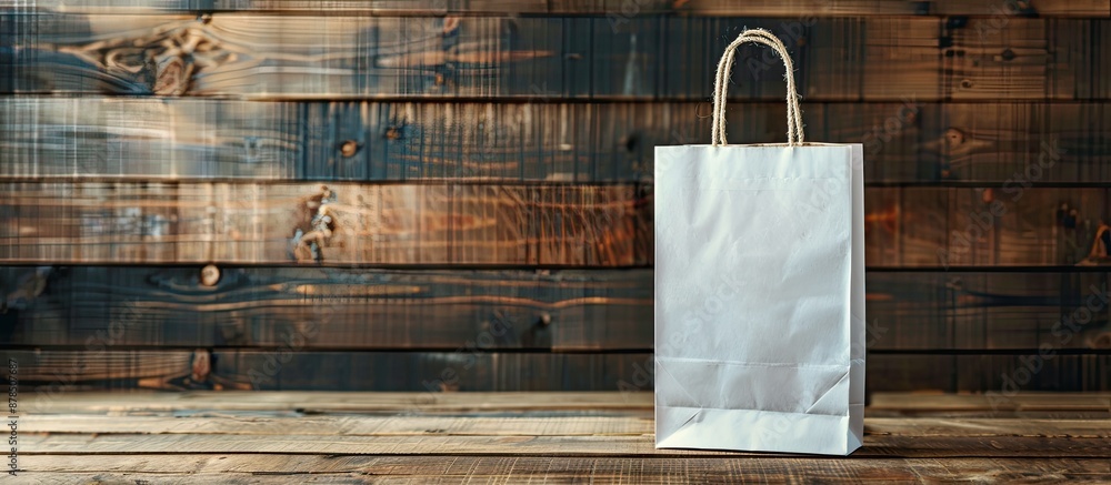 Poster Shopping bag placed on a table with a wooden background, creating a copy space image.