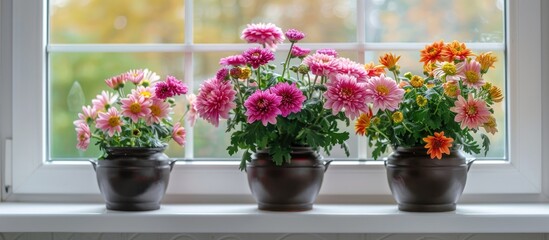 Fototapeta premium Indoor scene featuring stunning potted chrysanthemums on a white windowsill, with room for text in the image. image with copy space