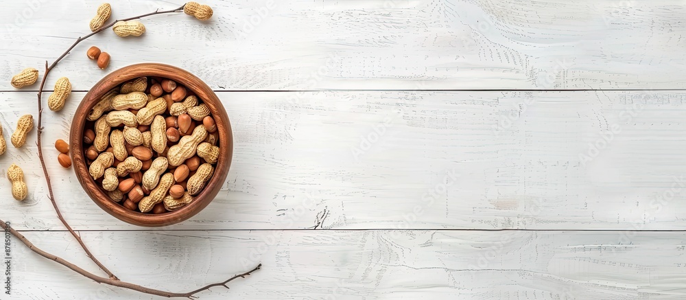 Poster top view of a bowl of unpeeled peanuts and a twig on a white wooden table with copy space image.