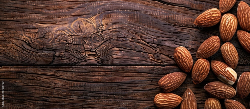 Poster top view of delicious almonds arranged on a wooden surface, with a clear area for text in the image.