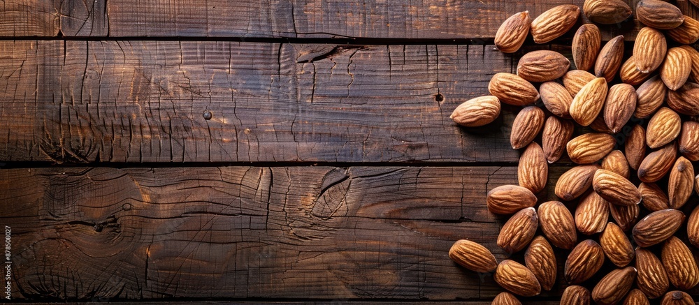 Poster top view of delicious almonds arranged on a wooden surface, with a clear area for text in the image.