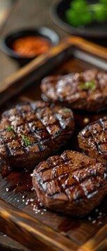 Perfectly grilled Wagyu ribeye with rich marbling, presented on a rustic wooden tray, delicious texture highlighted by soft natural light, close-up for detailed view