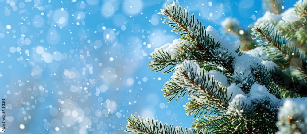 Poster snow falling from a pine tree with a blue sky in the background creates a serene winter scene with c