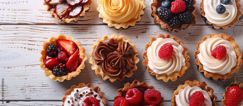 Aufkleber various tasty tartlets displayed on a white wooden surface from a top angle with a backdrop for addi
