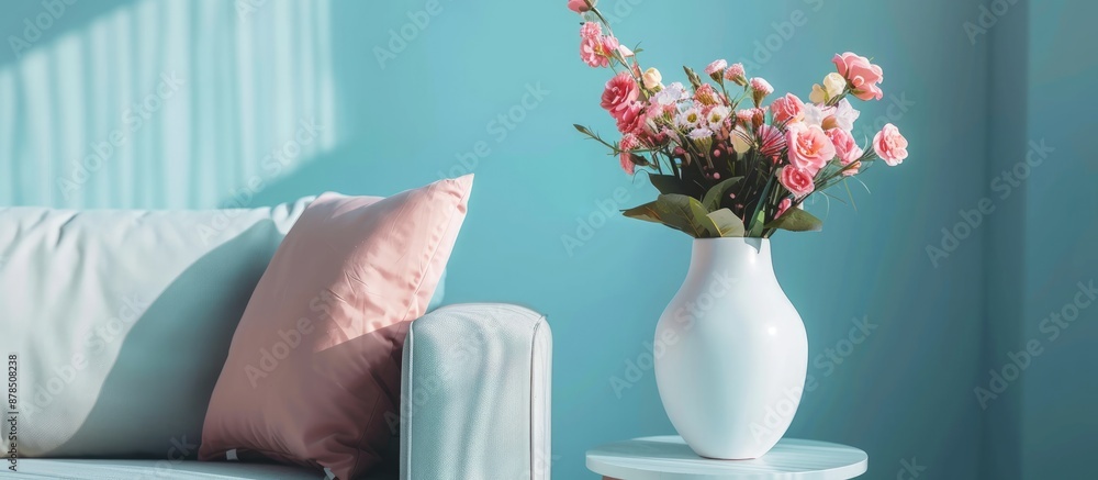 Poster Stylish interior design featuring a vase with a bouquet on a side table and a comfortable sofa, with copy space image.