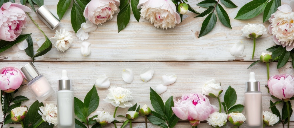 Poster top view of cosmetic bottles and peony flowers arranged on a wooden surface in a flat lay compositio