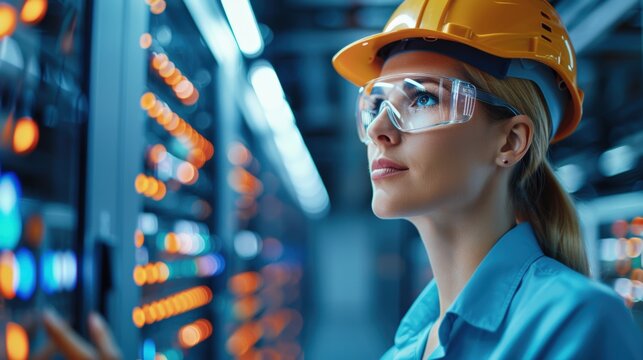 Female engineer with safety helmet and glasses working in a server room with bright lights and modern technology.