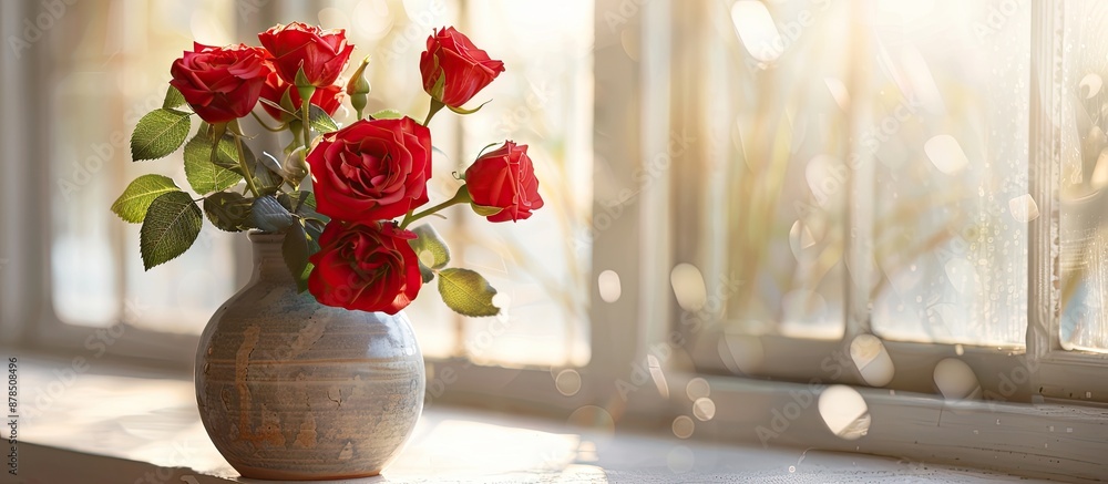 Poster red roses in a vase on a bright background with a blank area for adding text or images. image with c
