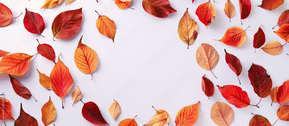 Aufkleber top view of vibrant autumn leaves against a white backdrop with circular copy space image in the mid