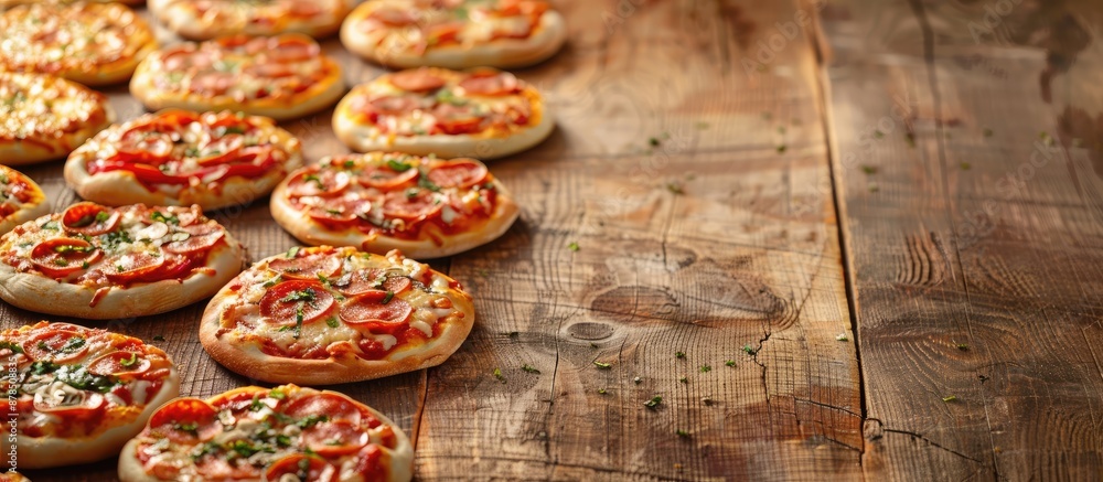 Poster mini pizzas displayed on a wooden table with a classic pizza background setting, allowing for copy s