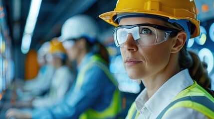 Focused industrial engineer wearing safety gear in a control room, monitoring process and ensuring efficient operations.