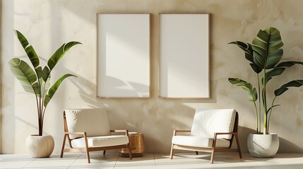 Minimalist interior with two empty art frames on textured wall, flanked by potted plants and armchairs